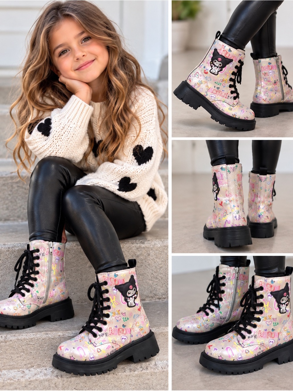 Kuromi Girls Combat Boots โ Colorful Graffiti Print Chunky Lace-Up Boots